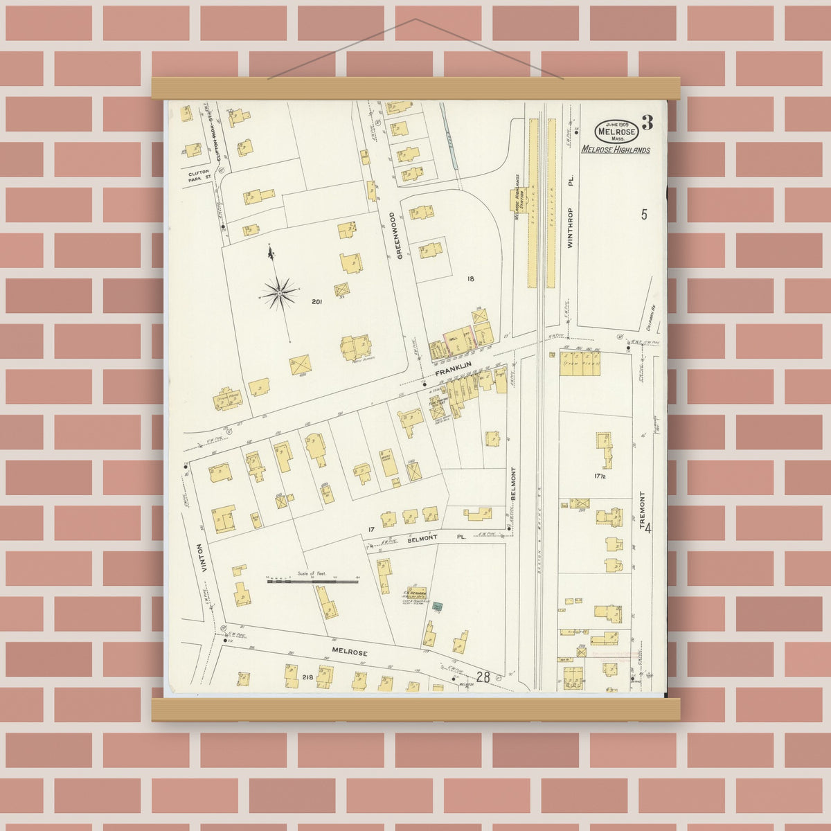 Old map wall art mockup — magnetic wood frame on brick wall — Sanborn Fire Insurance Map from Melrose, Middlesex County, Massachusetts (1909), Sheet #0003