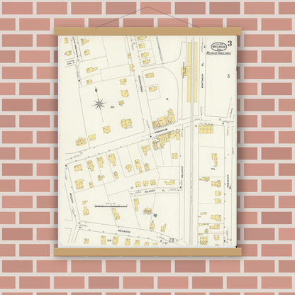 Old map wall art mockup — magnetic wood frame on brick wall — Sanborn Fire Insurance Map from Melrose, Middlesex County, Massachusetts (1909), Sheet #0003