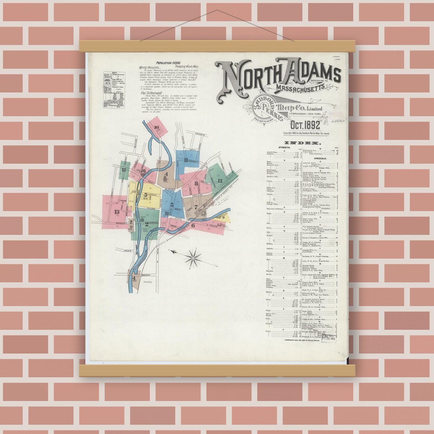 Old map wall art mockup — magnetic wood frame on brick wall — Sanborn Fire Insurance Map from North Adams, Berkshire County, Massachusetts (1892) - Complete Map Set