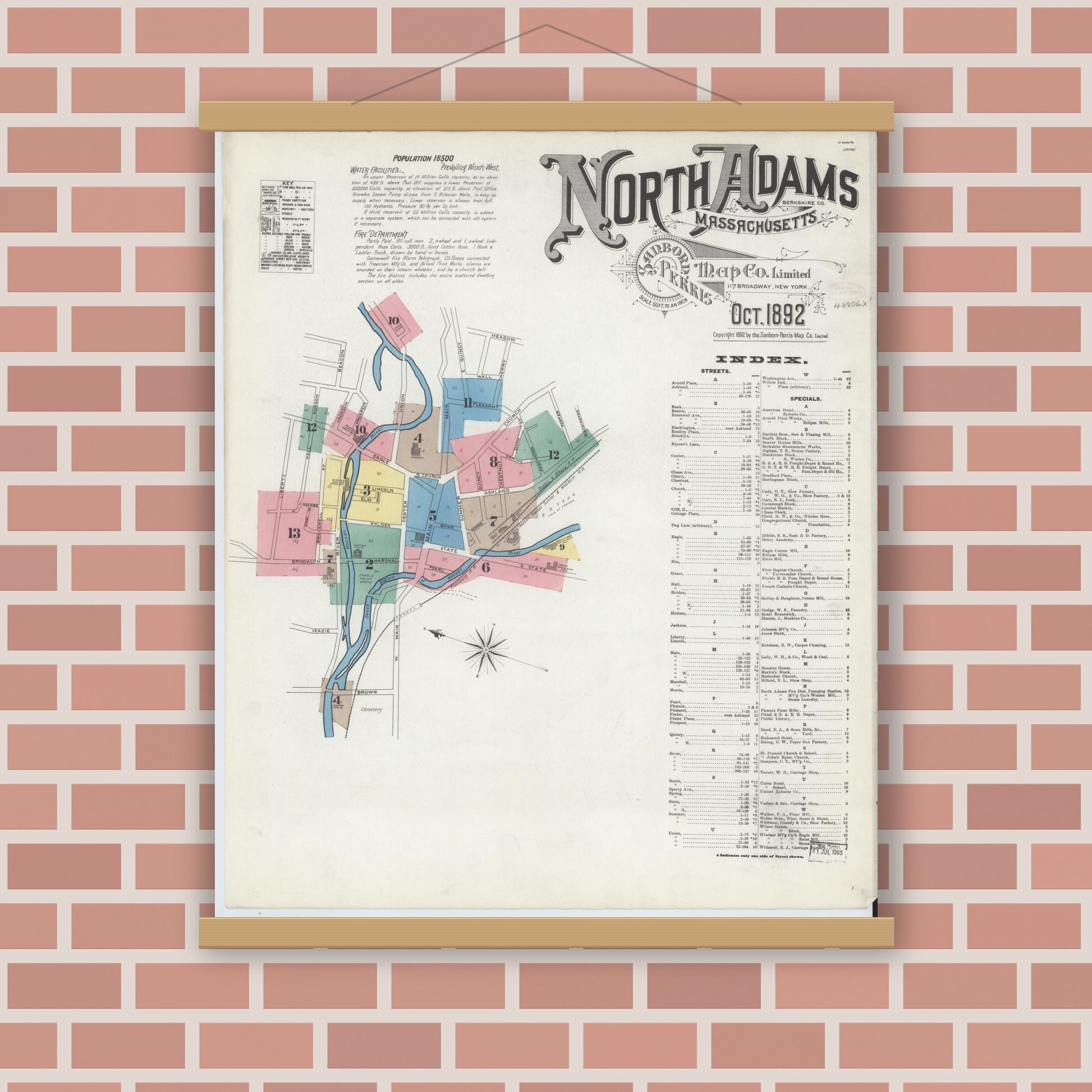 Old map wall art mockup — magnetic wood frame on brick wall — Sanborn Fire Insurance Map from North Adams, Berkshire County, Massachusetts (1892) - Complete Map Set