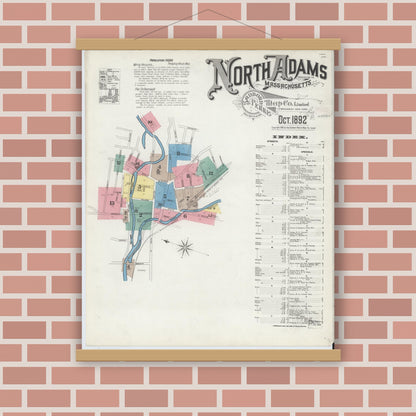 Old map wall art mockup — magnetic wood frame on brick wall — Sanborn Fire Insurance Map from North Adams, Berkshire County, Massachusetts (1892) - Complete Map Set