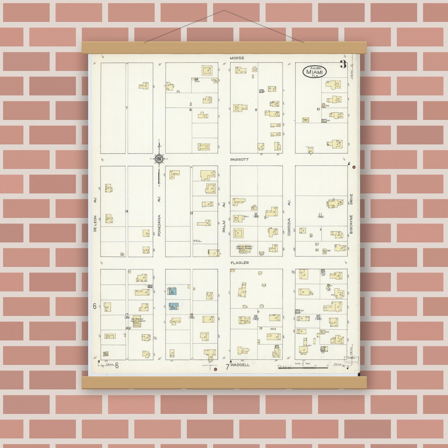 Old map wall art mockup — magnetic wood frame on brick wall — Sanborn Fire Insurance Map from Miami, Dade County, Florida (1914), Sheet #0003