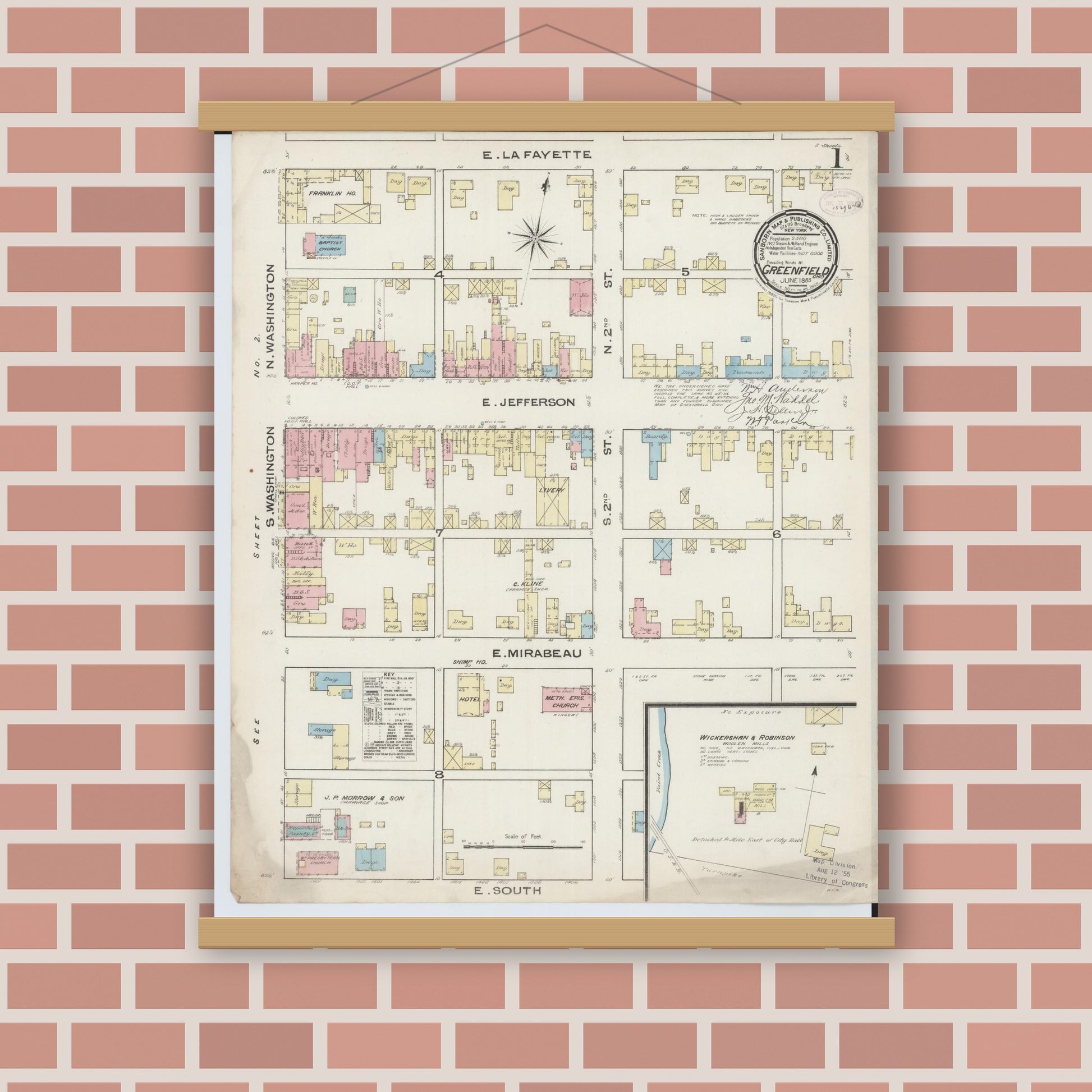 Old map wall art mockup — magnetic wood frame on brick wall — Sanborn Fire Insurance Map from Greenfield, Highland County, Ohio (1885) - Complete Map Set
