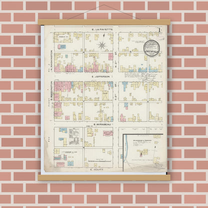 Old map wall art mockup — magnetic wood frame on brick wall — Sanborn Fire Insurance Map from Greenfield, Highland County, Ohio (1885) - Complete Map Set