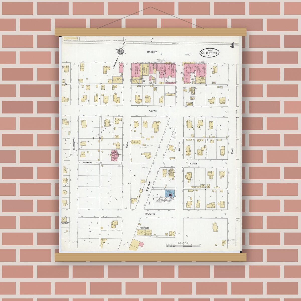 Old map wall art mockup — magnetic wood frame on brick wall — Sanborn Fire Insurance Map from Colchester, Mcdonough County, Illinois (1912), Sheet #0004
