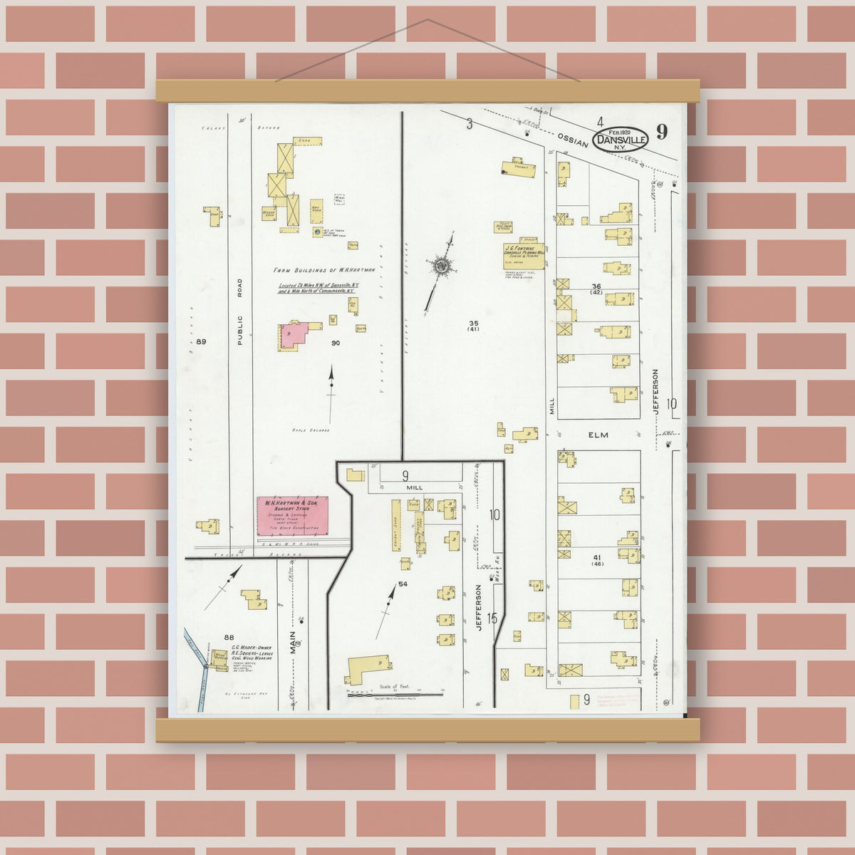 Old map wall art mockup — magnetic wood frame on brick wall — Sanborn Fire Insurance Map from Dansville, Livingston County, New York (1920), Sheet #0009