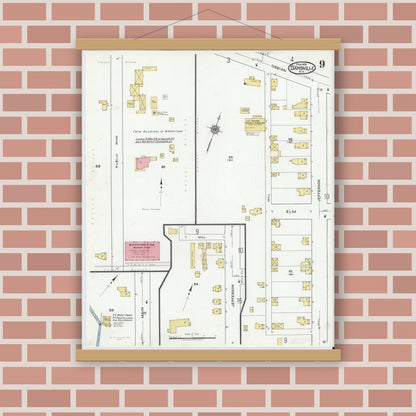 Old map wall art mockup — magnetic wood frame on brick wall — Sanborn Fire Insurance Map from Dansville, Livingston County, New York (1920), Sheet #0009