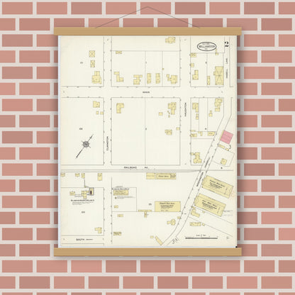 Old map wall art mockup — magnetic wood frame on brick wall — Sanborn Fire Insurance Map from Williamston, Martin County, North Carolina (1913), Sheet #0002