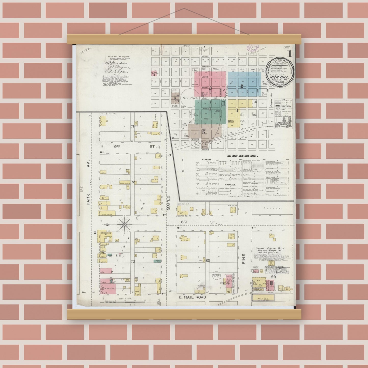 Old map wall art mockup — magnetic wood frame on brick wall — Sanborn Fire Insurance Map from Rich Hill, Bates County, Missouri (1893) - Complete Map Set
