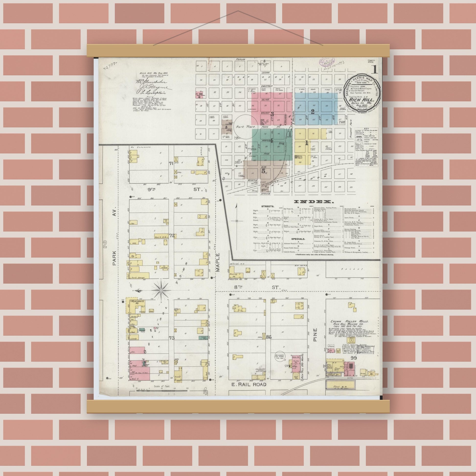 Old map wall art mockup — magnetic wood frame on brick wall — Sanborn Fire Insurance Map from Rich Hill, Bates County, Missouri (1893) - Complete Map Set