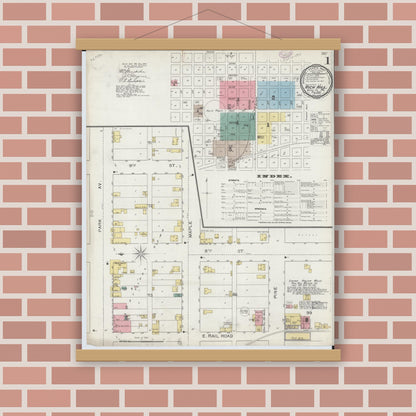 Old map wall art mockup — magnetic wood frame on brick wall — Sanborn Fire Insurance Map from Rich Hill, Bates County, Missouri (1893) - Complete Map Set