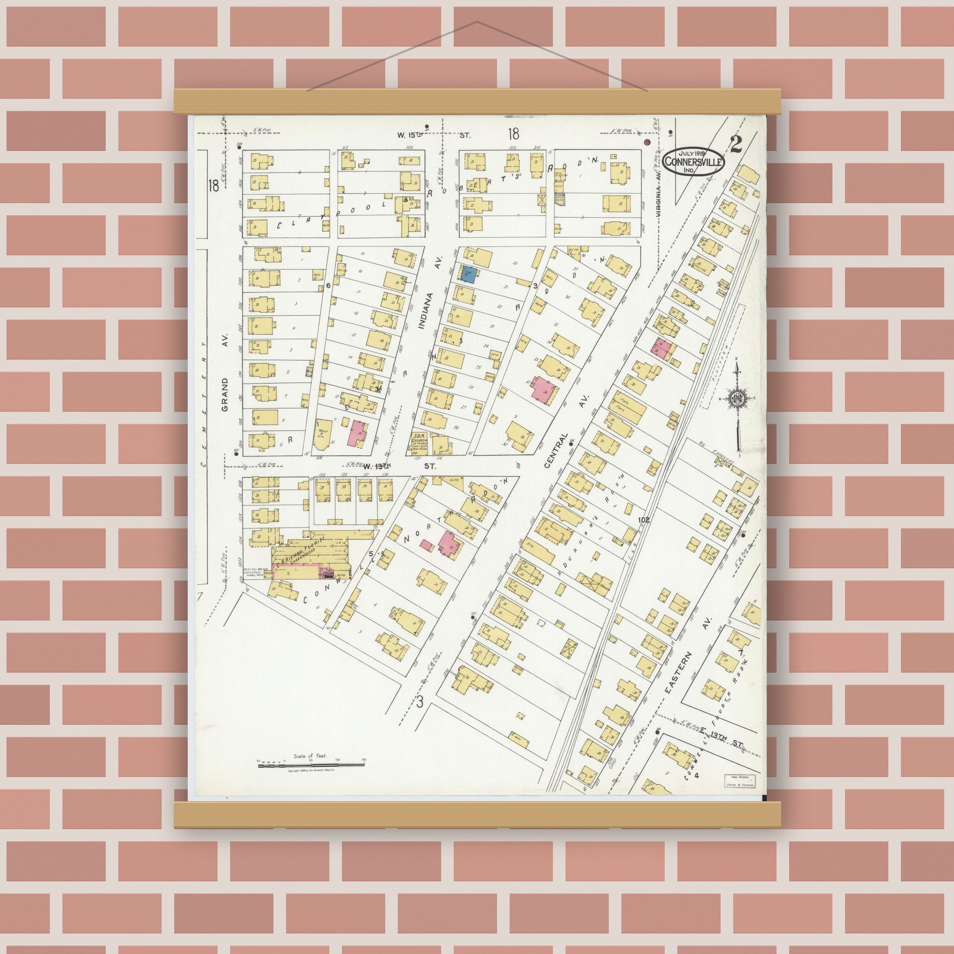 Old map wall art mockup — magnetic wood frame on brick wall — Sanborn Fire Insurance Map from Connersville, Fayette County, Indiana (1919), Sheet #0002