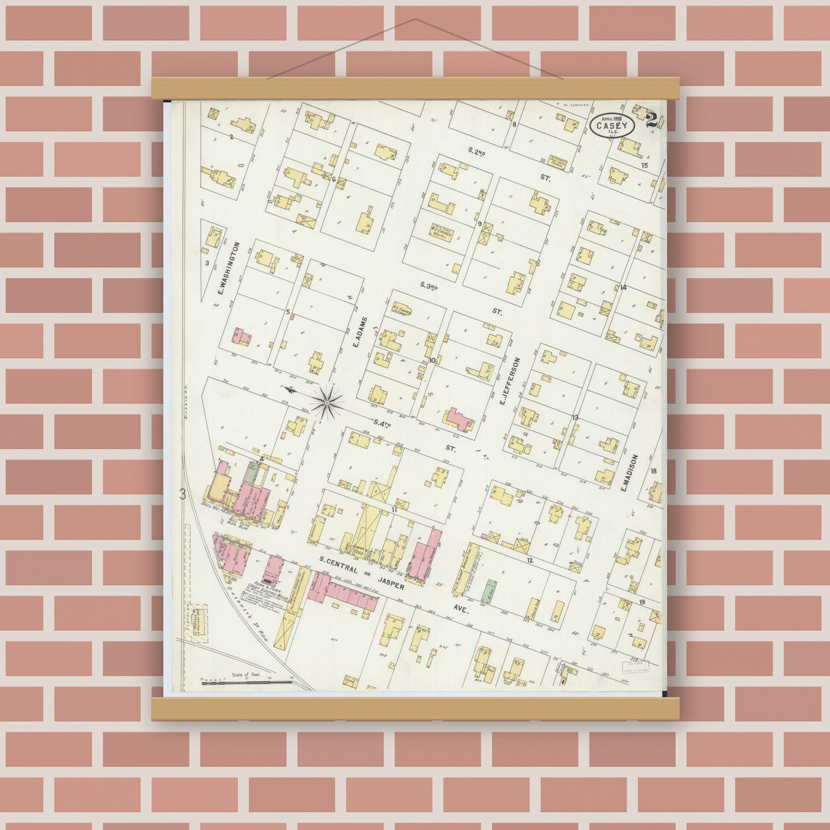 Old map wall art mockup — magnetic wood frame on brick wall — Sanborn Fire Insurance Map from Casey, Clark County, Illinois (1898), Sheet #0002