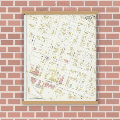 Old map wall art mockup — magnetic wood frame on brick wall — Sanborn Fire Insurance Map from Casey, Clark County, Illinois (1898), Sheet #0002