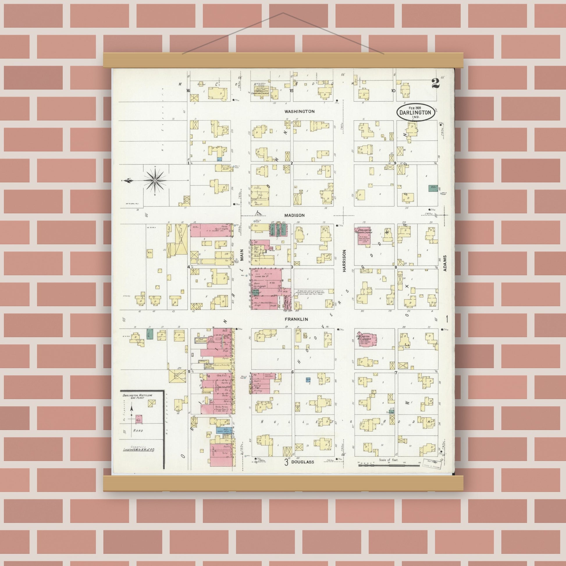 Old map wall art mockup — magnetic wood frame on brick wall — Sanborn Fire Insurance Map from Darlington, Montgomery County, Indiana (1909), Sheet #0002