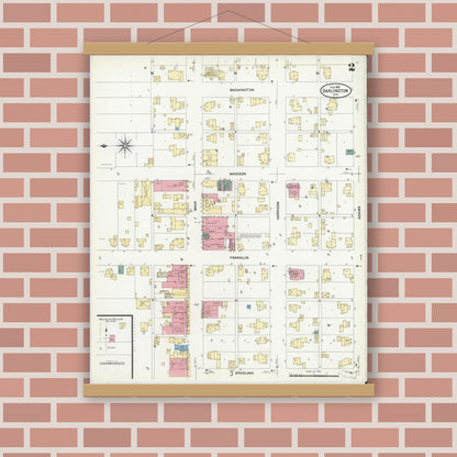Old map wall art mockup — magnetic wood frame on brick wall — Sanborn Fire Insurance Map from Darlington, Montgomery County, Indiana (1909), Sheet #0002