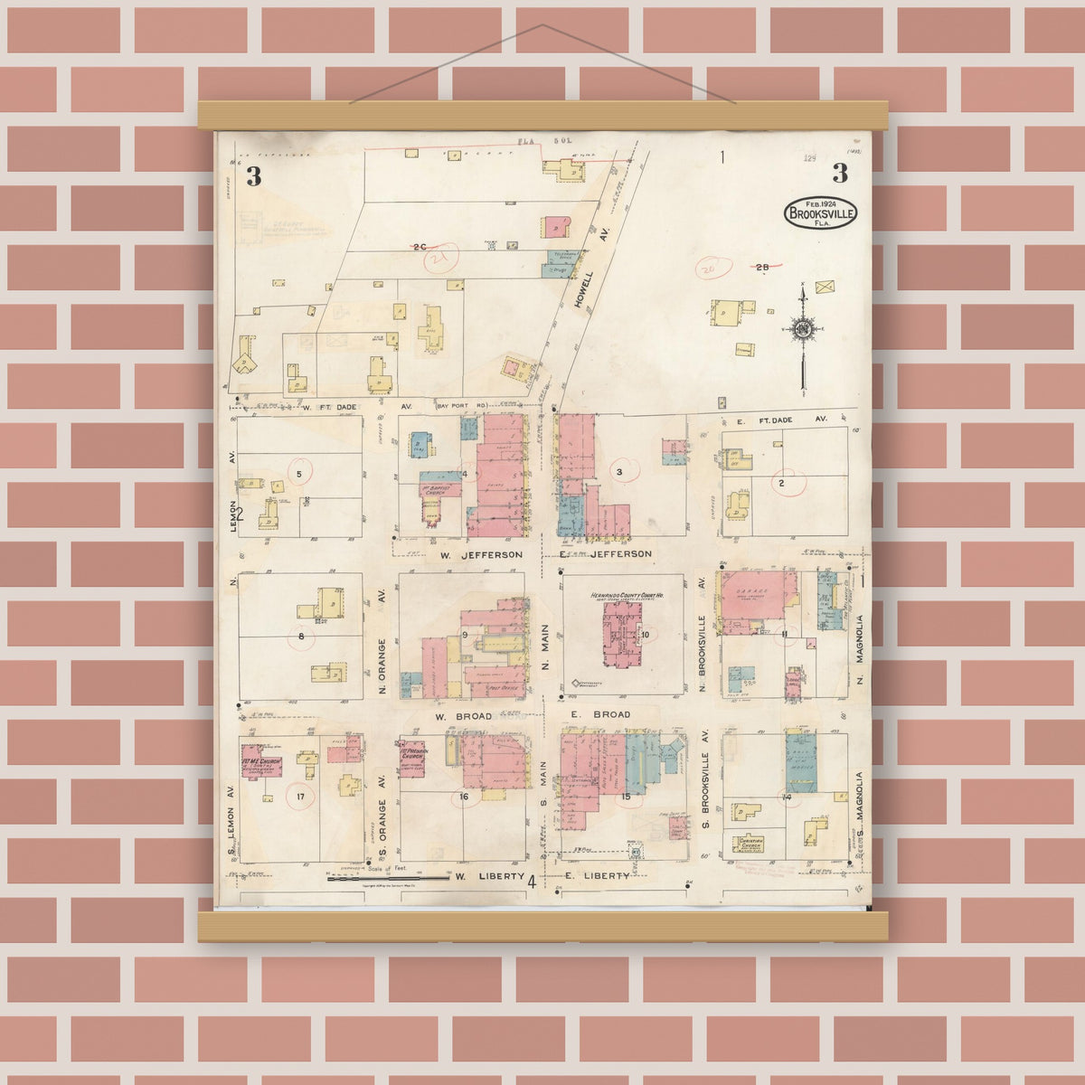 Old map wall art mockup — magnetic wood frame on brick wall — Sanborn Fire Insurance Map from Brooksville, Hernando County, Florida (1945), Sheet #0003