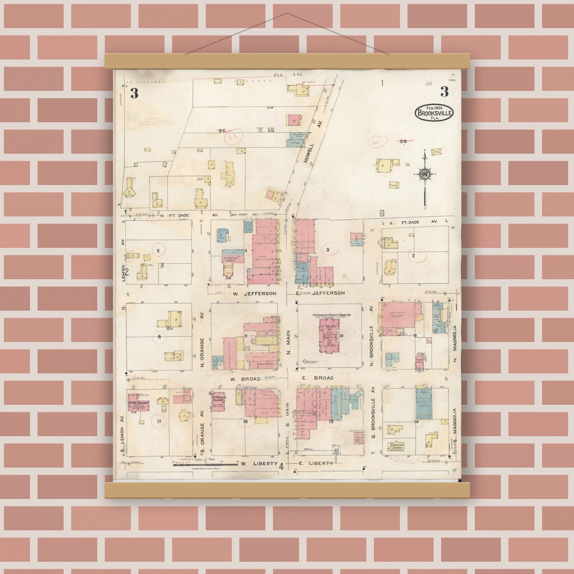 Old map wall art mockup — magnetic wood frame on brick wall — Sanborn Fire Insurance Map from Brooksville, Hernando County, Florida (1945), Sheet #0003