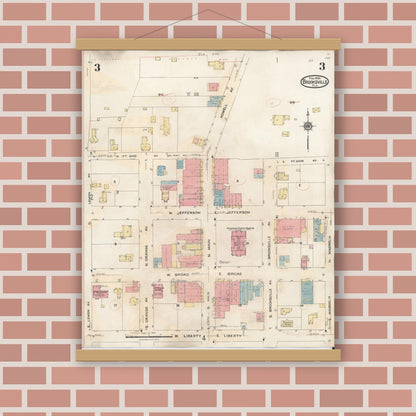 Old map wall art mockup — magnetic wood frame on brick wall — Sanborn Fire Insurance Map from Brooksville, Hernando County, Florida (1945), Sheet #0003