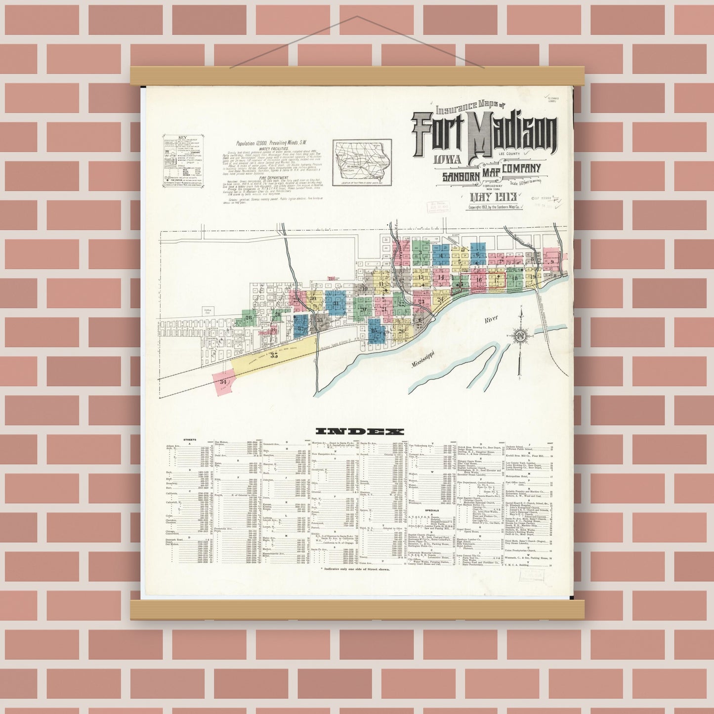 Old map wall art mockup — magnetic wood frame on brick wall — Sanborn Fire Insurance Map from Fort Madison, Lee County, Iowa (1913), Sheet #0001