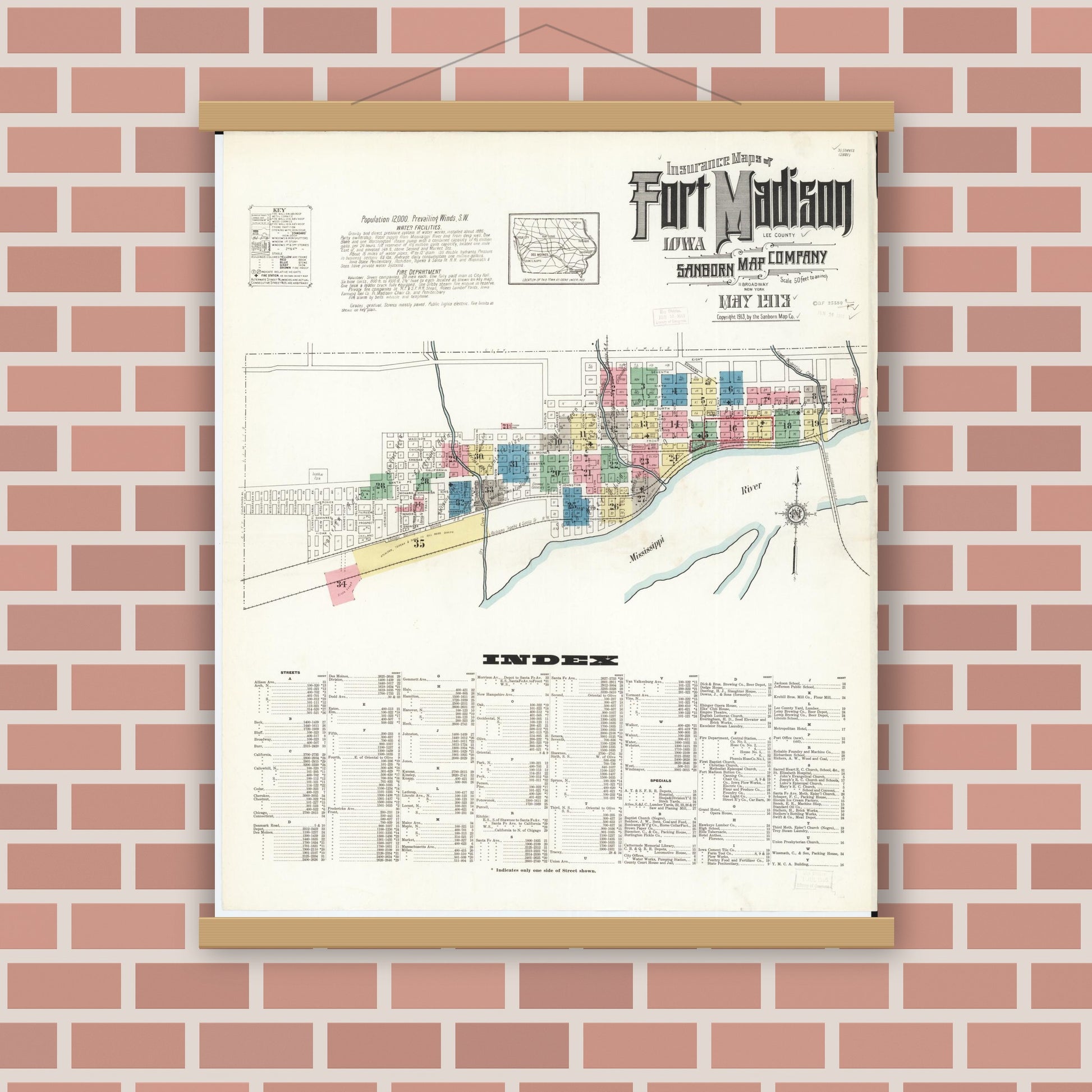 Old map wall art mockup — magnetic wood frame on brick wall — Sanborn Fire Insurance Map from Fort Madison, Lee County, Iowa (1913), Sheet #0001