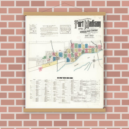 Old map wall art mockup — magnetic wood frame on brick wall — Sanborn Fire Insurance Map from Fort Madison, Lee County, Iowa (1913), Sheet #0001