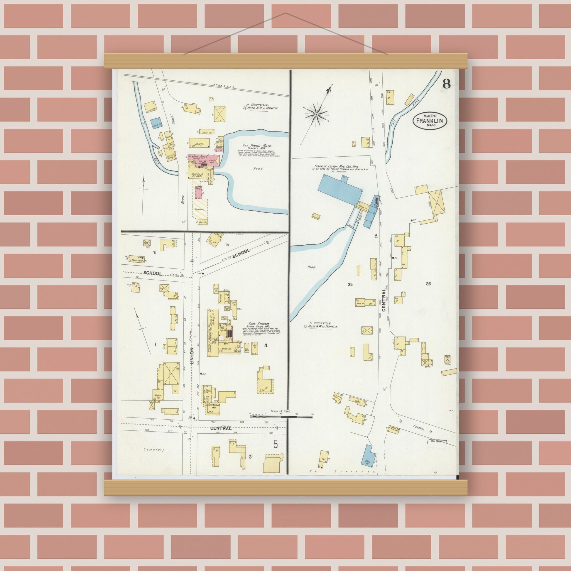 Old map wall art mockup — magnetic wood frame on brick wall — Sanborn Fire Insurance Map from Franklin, Norfolk County, Massachusetts (1899), Sheet #0008