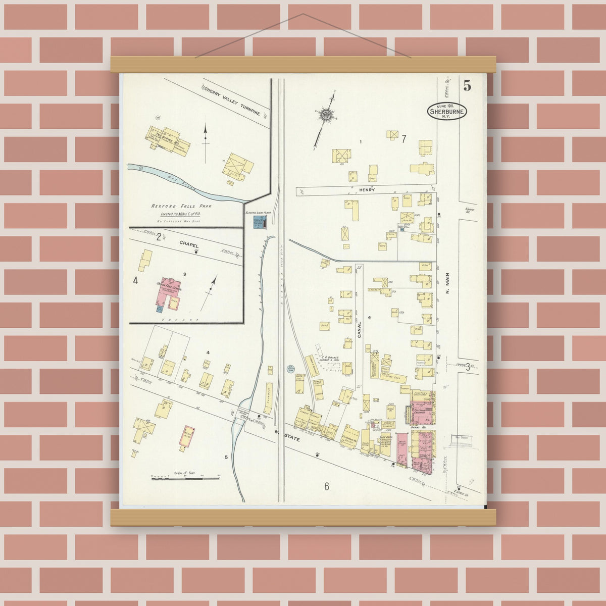 Old map wall art mockup — magnetic wood frame on brick wall — Sanborn Fire Insurance Map from Sherburne, Chenango County, New York (1911), Sheet #0005
