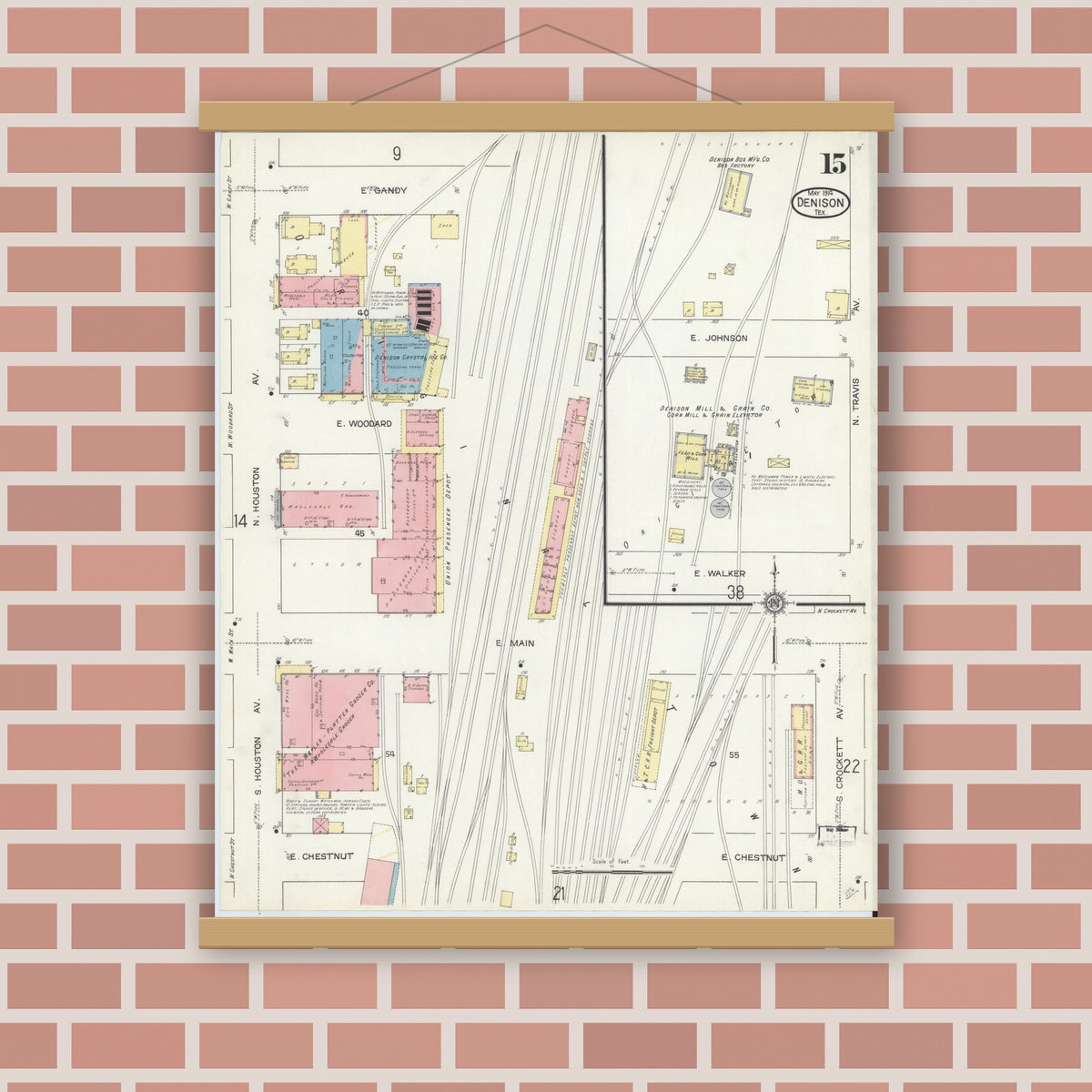 Old map wall art mockup — magnetic wood frame on brick wall — Sanborn Fire Insurance Map from Denison, Grayson County, Texas (1914), Sheet #0015