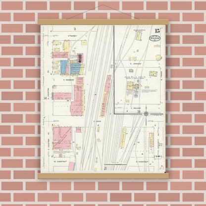 Old map wall art mockup — magnetic wood frame on brick wall — Sanborn Fire Insurance Map from Denison, Grayson County, Texas (1914), Sheet #0015