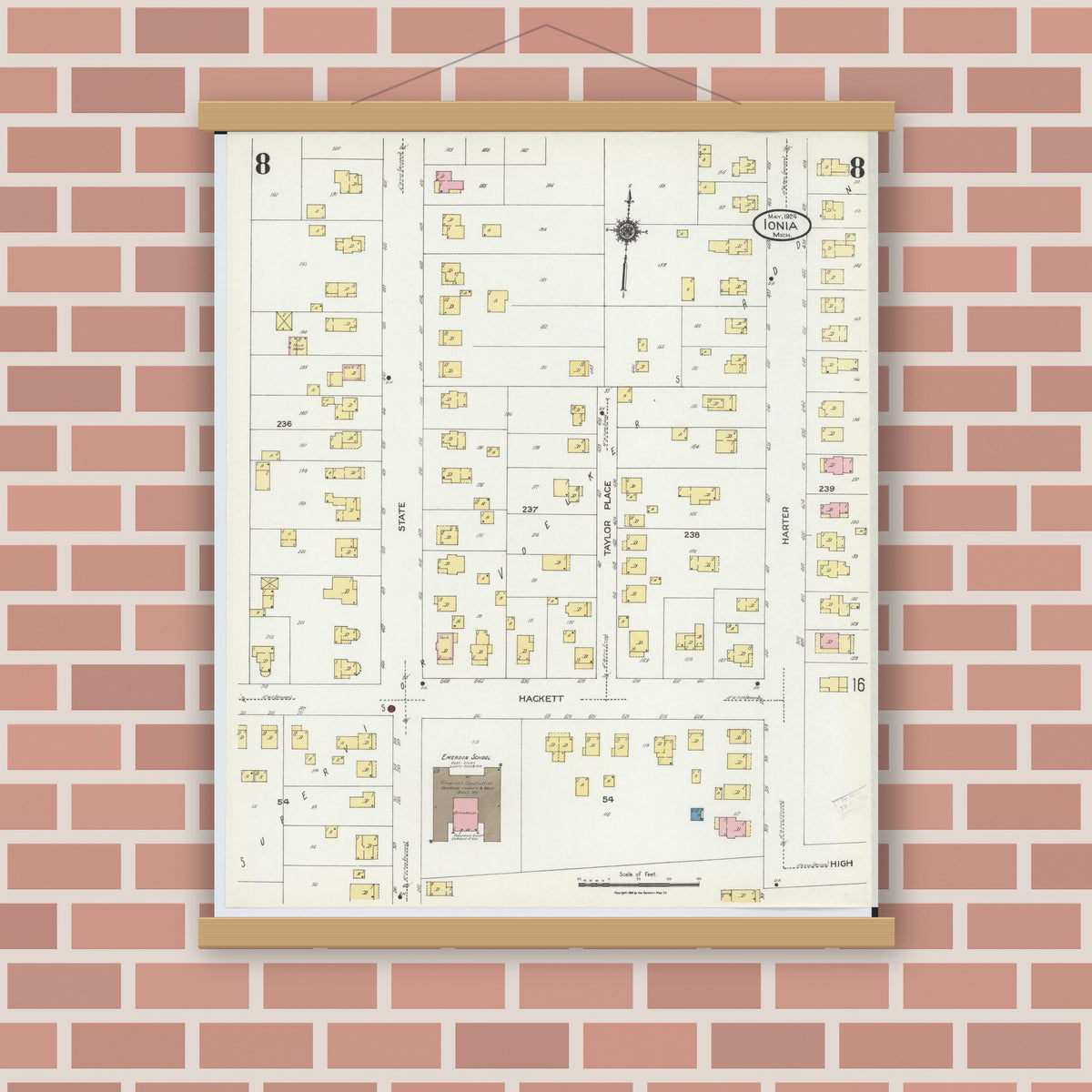 Old map wall art mockup — magnetic wood frame on brick wall — Sanborn Fire Insurance Map from Ionia, Ionia County, Michigan (1924), Sheet #0008