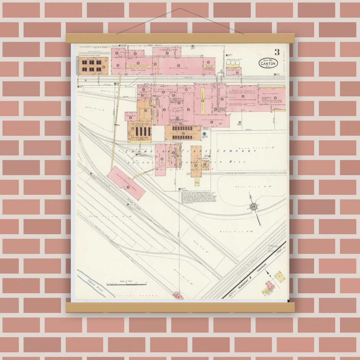 Old map wall art mockup — magnetic wood frame on brick wall — Sanborn Fire Insurance Map from Canton, Haywood County, North Carolina (1912), Sheet #0003