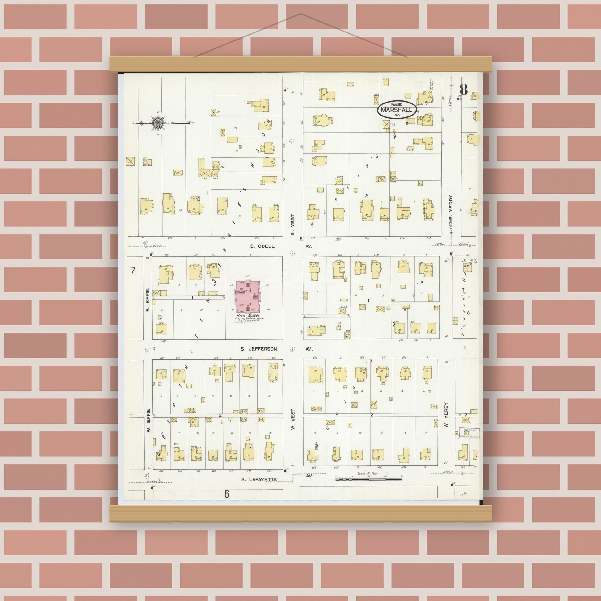 Old map wall art mockup — magnetic wood frame on brick wall — Sanborn Fire Insurance Map from Marshall, Saline County, Missouri (1910), Sheet #0008