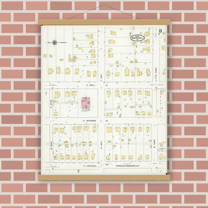 Old map wall art mockup — magnetic wood frame on brick wall — Sanborn Fire Insurance Map from Marshall, Saline County, Missouri (1910), Sheet #0008