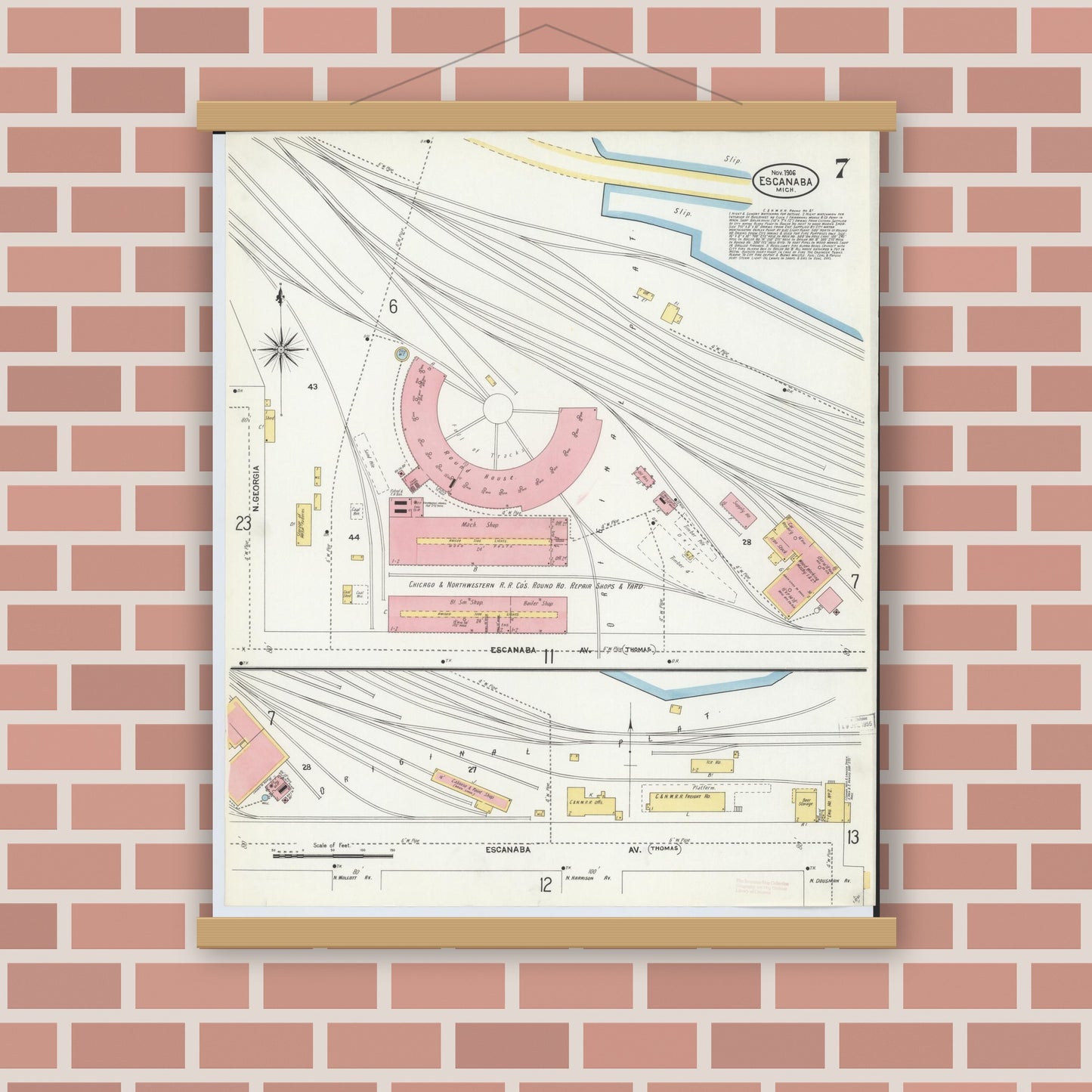 Old map wall art mockup — magnetic wood frame on brick wall — Sanborn Fire Insurance Map from Escanaba, Delta County, Michigan (1906), Sheet #0007