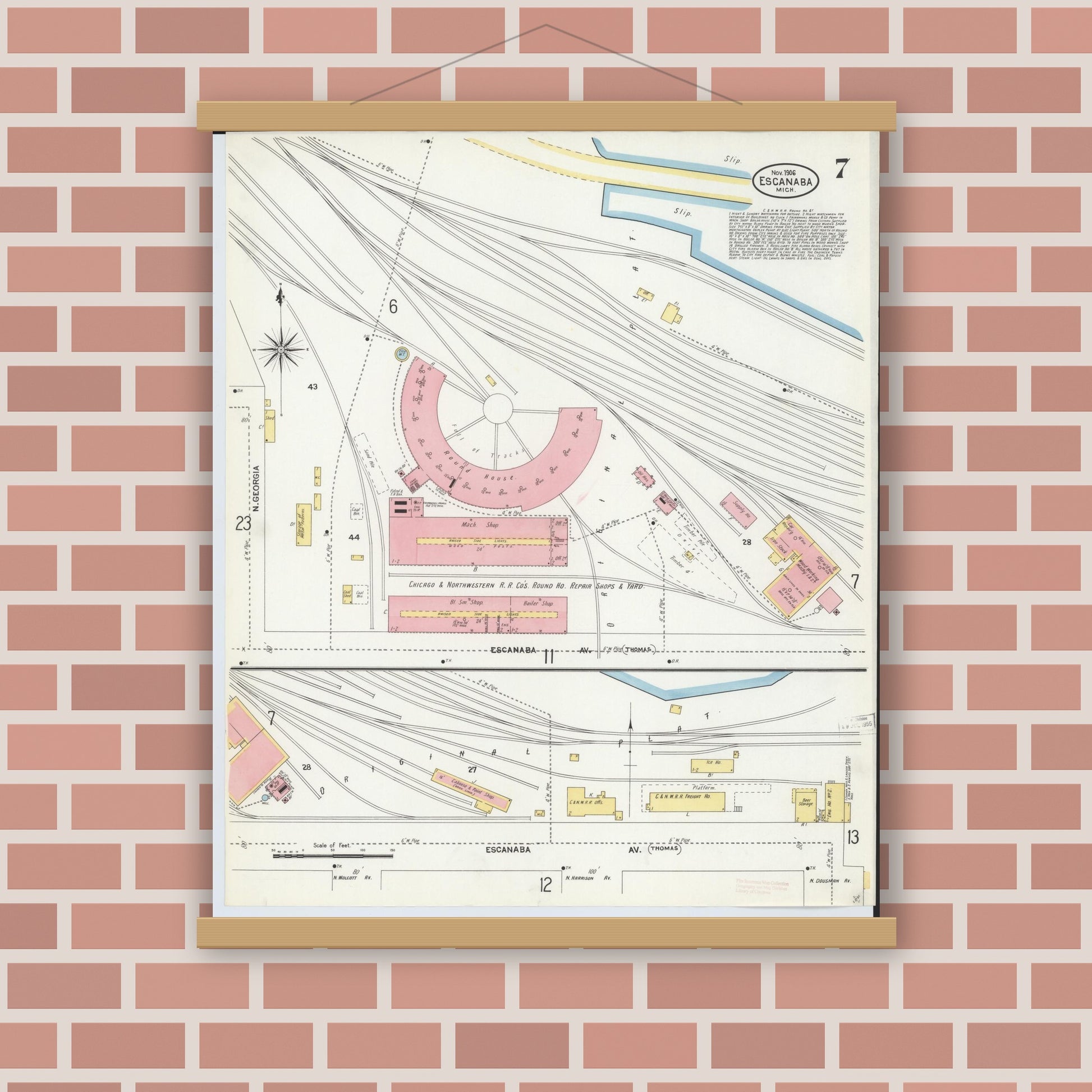 Old map wall art mockup — magnetic wood frame on brick wall — Sanborn Fire Insurance Map from Escanaba, Delta County, Michigan (1906), Sheet #0007