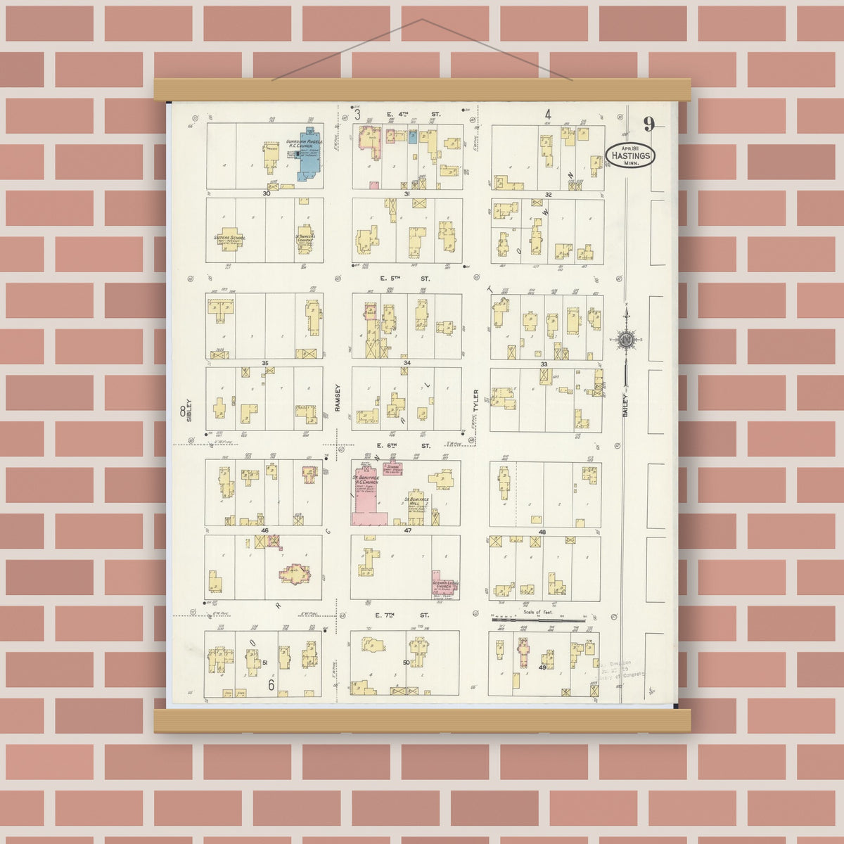 Old map wall art mockup — magnetic wood frame on brick wall — Sanborn Fire Insurance Map from Hastings, Dakota County, Minnesota (1911), Sheet #0009