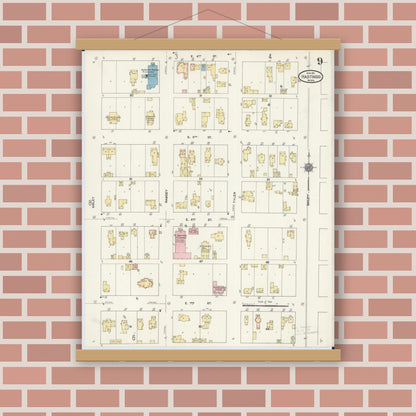 Old map wall art mockup — magnetic wood frame on brick wall — Sanborn Fire Insurance Map from Hastings, Dakota County, Minnesota (1911), Sheet #0009