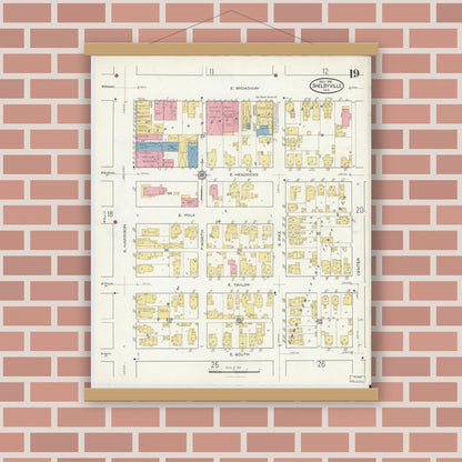 Old map wall art mockup — magnetic wood frame on brick wall — Sanborn Fire Insurance Map from Shelbyville, Shelby County, Indiana (1916), Sheet #0019