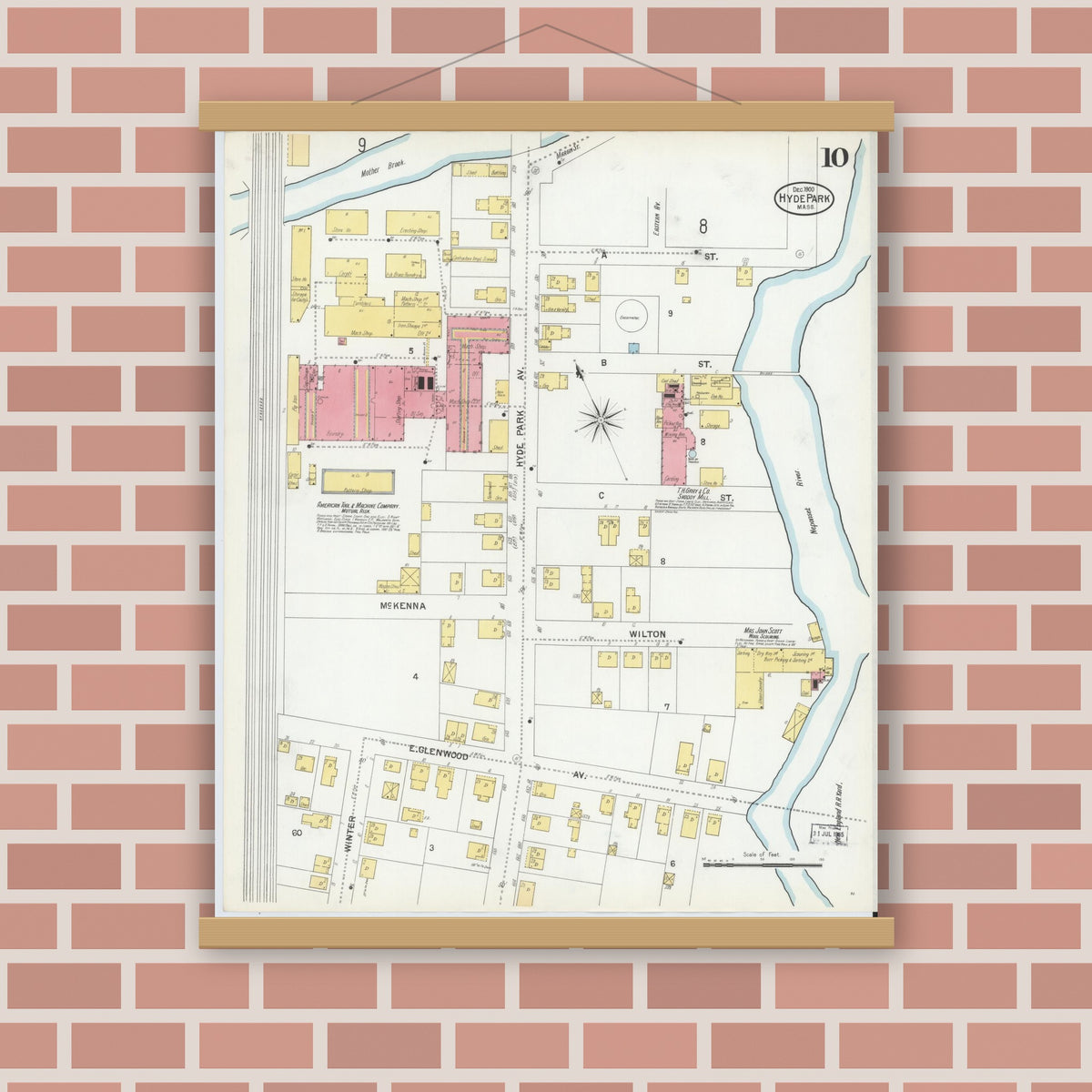 Old map wall art mockup — magnetic wood frame on brick wall — Sanborn Fire Insurance Map from Hyde Park, Norfolk County, Massachusetts (1900), Sheet #0010