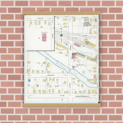 Old map wall art mockup — magnetic wood frame on brick wall — Sanborn Fire Insurance Map from Albion, Calhoun County, Michigan (1918), Sheet #0005