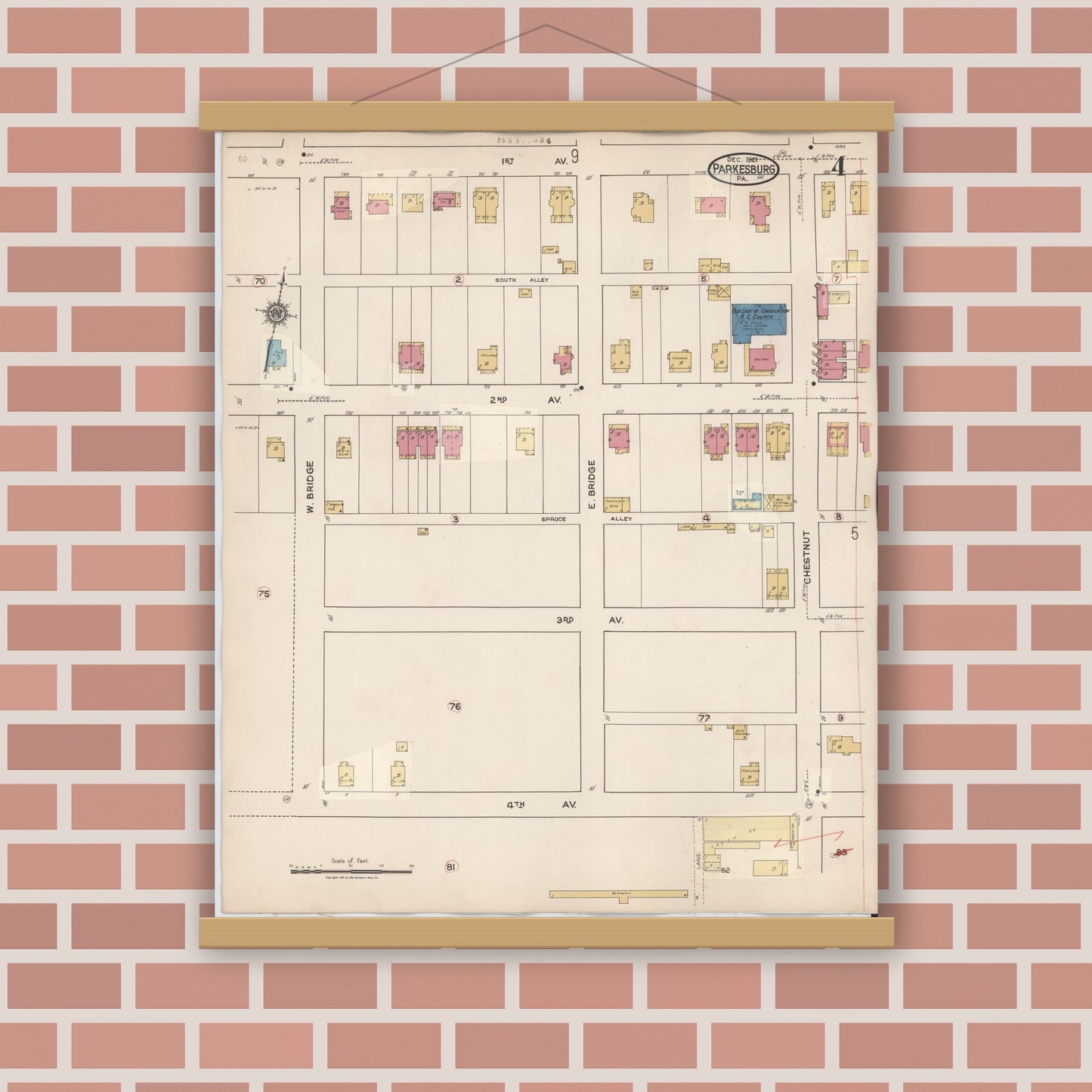 Old map wall art mockup — magnetic wood frame on brick wall — Sanborn Fire Insurance Map from Parkesburg, Chester County, Pennsylvania (1934), Sheet #0004