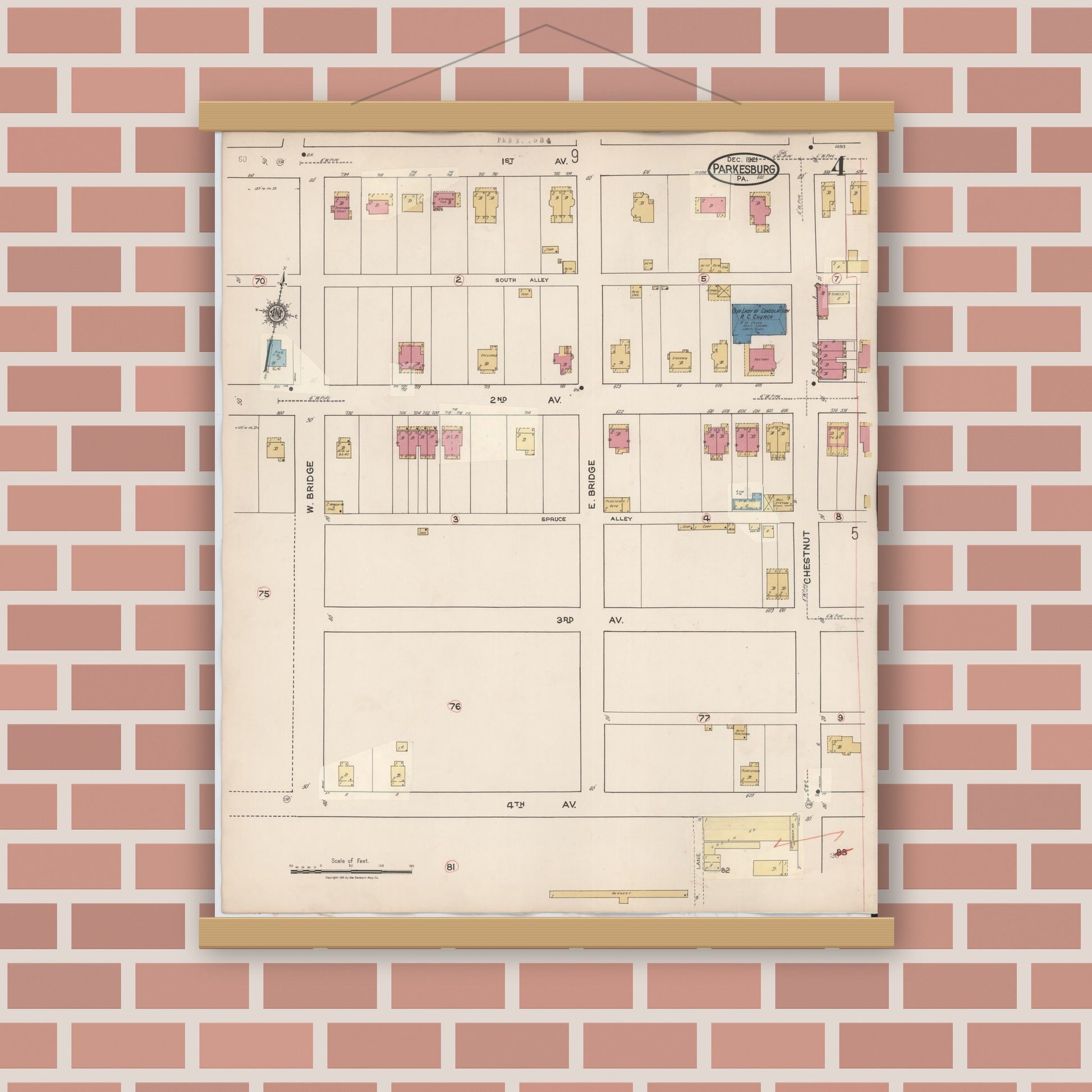 Old map wall art mockup — magnetic wood frame on brick wall — Sanborn Fire Insurance Map from Parkesburg, Chester County, Pennsylvania (1934), Sheet #0004