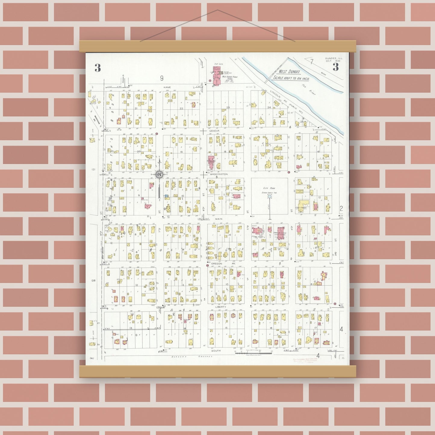 Old map wall art mockup — magnetic wood frame on brick wall — Sanborn Fire Insurance Map from Dundee, Kane County, Illinois (1933), Sheet #0003