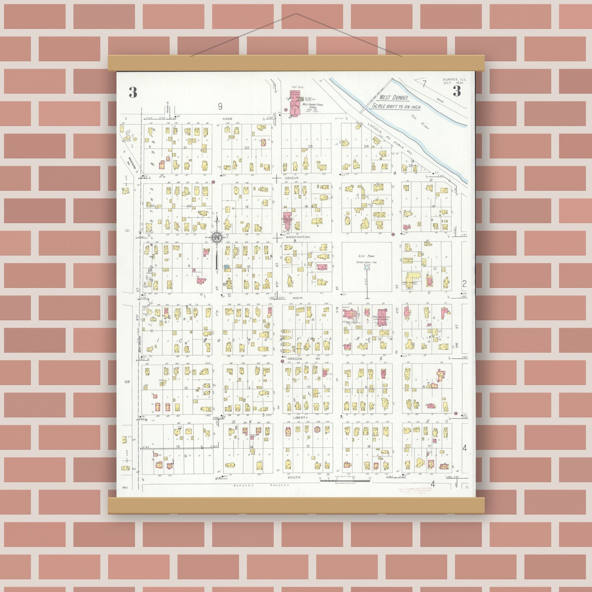 Old map wall art mockup — magnetic wood frame on brick wall — Sanborn Fire Insurance Map from Dundee, Kane County, Illinois (1933), Sheet #0003