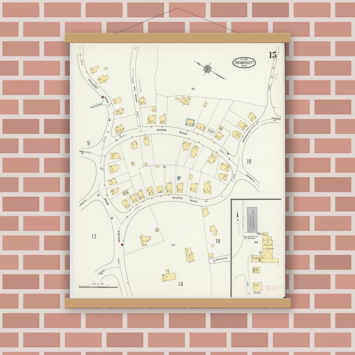 Old map wall art mockup — magnetic wood frame on brick wall — Sanborn Fire Insurance Map from Swampscott, Essex County, Massachusetts (1913), Sheet #0015