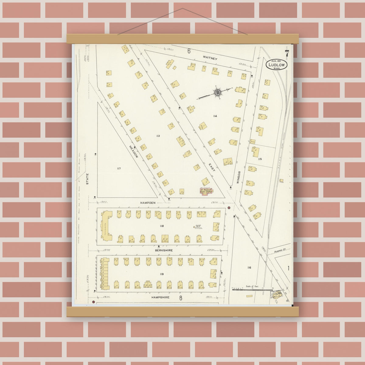Old map wall art mockup — magnetic wood frame on brick wall — Sanborn Fire Insurance Map from Ludlow, Hampden County, Massachusetts (1911), Sheet #0007