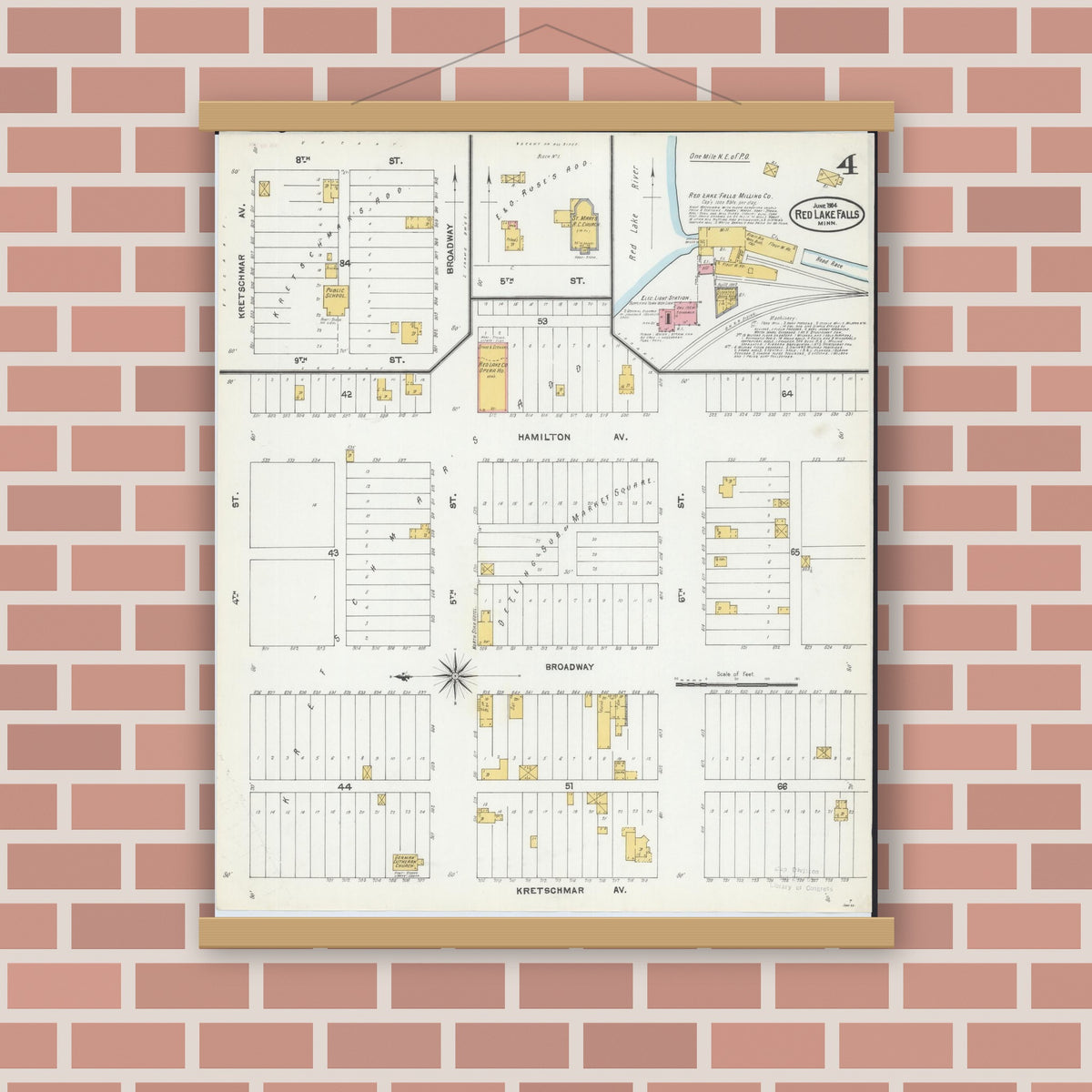 Old map wall art mockup — magnetic wood frame on brick wall — Sanborn Fire Insurance Map from Red Lake Falls, Red Lake County, Minnesota (1904), Sheet #0004