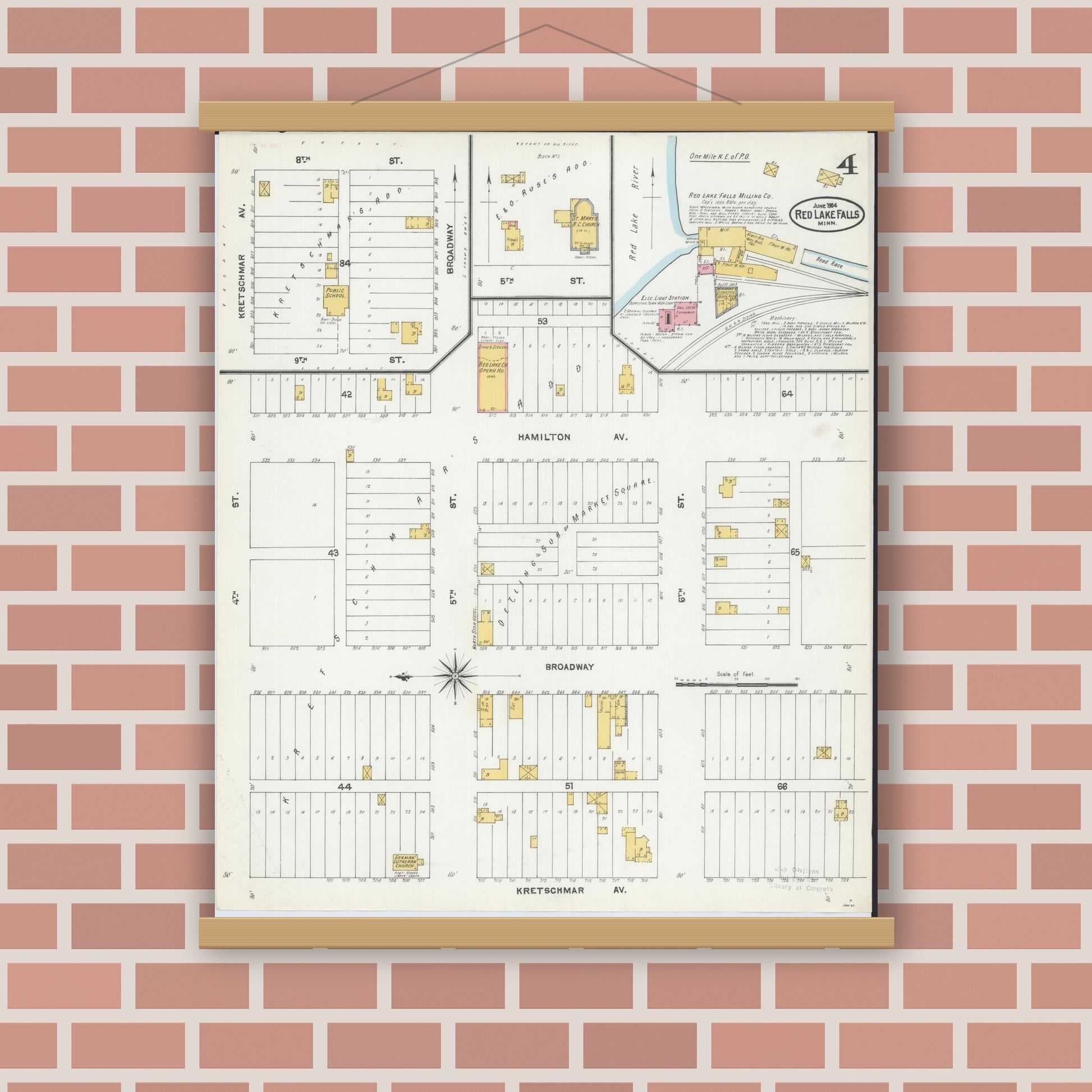 Old map wall art mockup — magnetic wood frame on brick wall — Sanborn Fire Insurance Map from Red Lake Falls, Red Lake County, Minnesota (1904), Sheet #0004