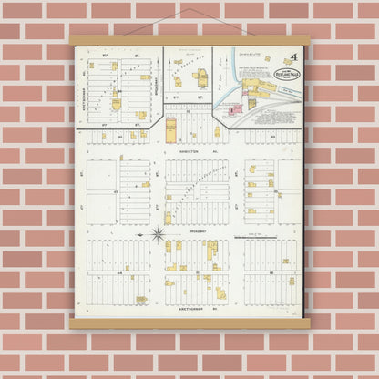 Old map wall art mockup — magnetic wood frame on brick wall — Sanborn Fire Insurance Map from Red Lake Falls, Red Lake County, Minnesota (1904), Sheet #0004